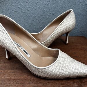 Manolo Blahnik Cream Tweed Leather Pointed Toe Pumps Women 8 (38)